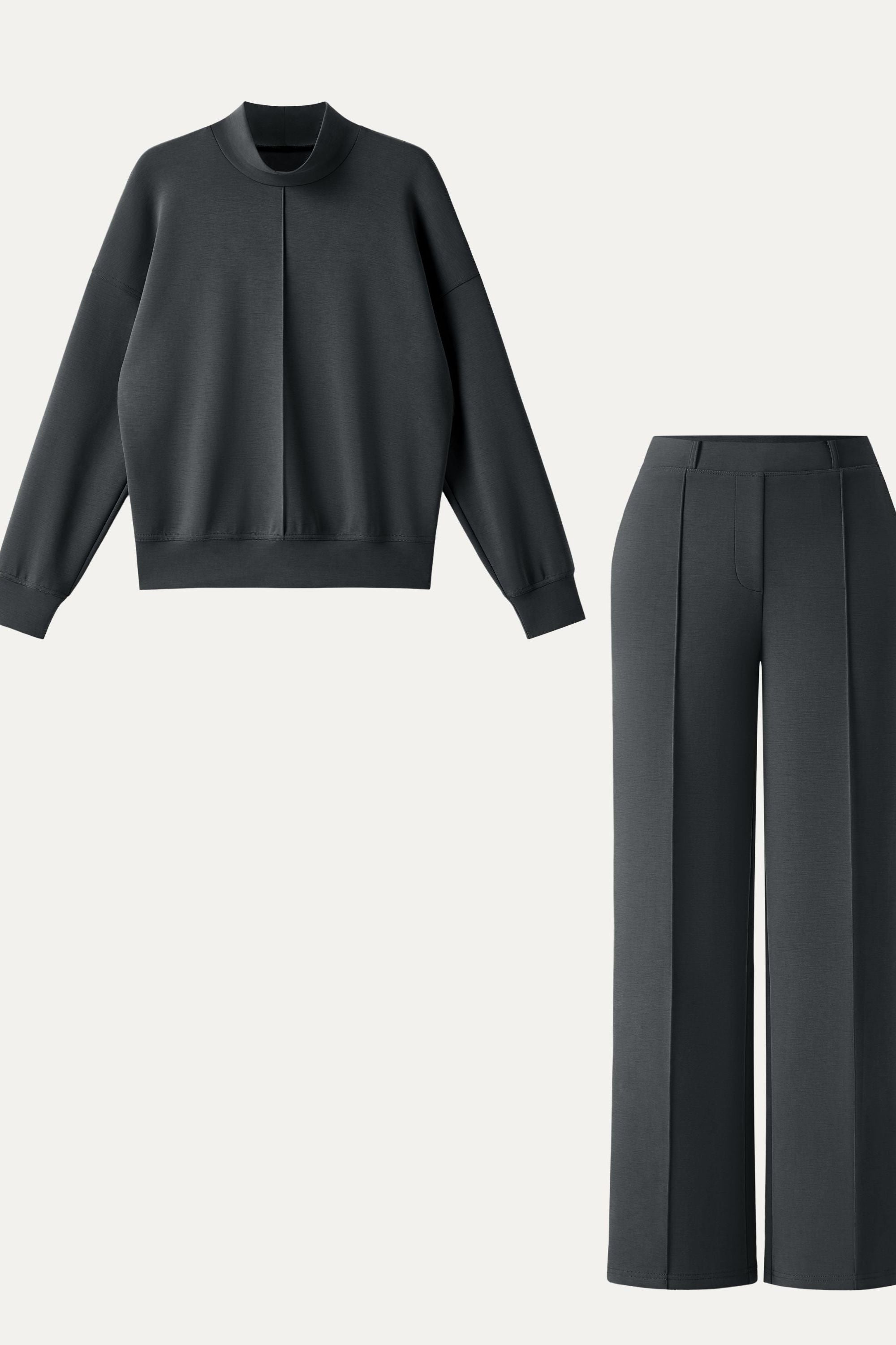 2Pcs Set Mockneck Pullover Shirt & Mid Rise Straight Leg Pants with Pockets