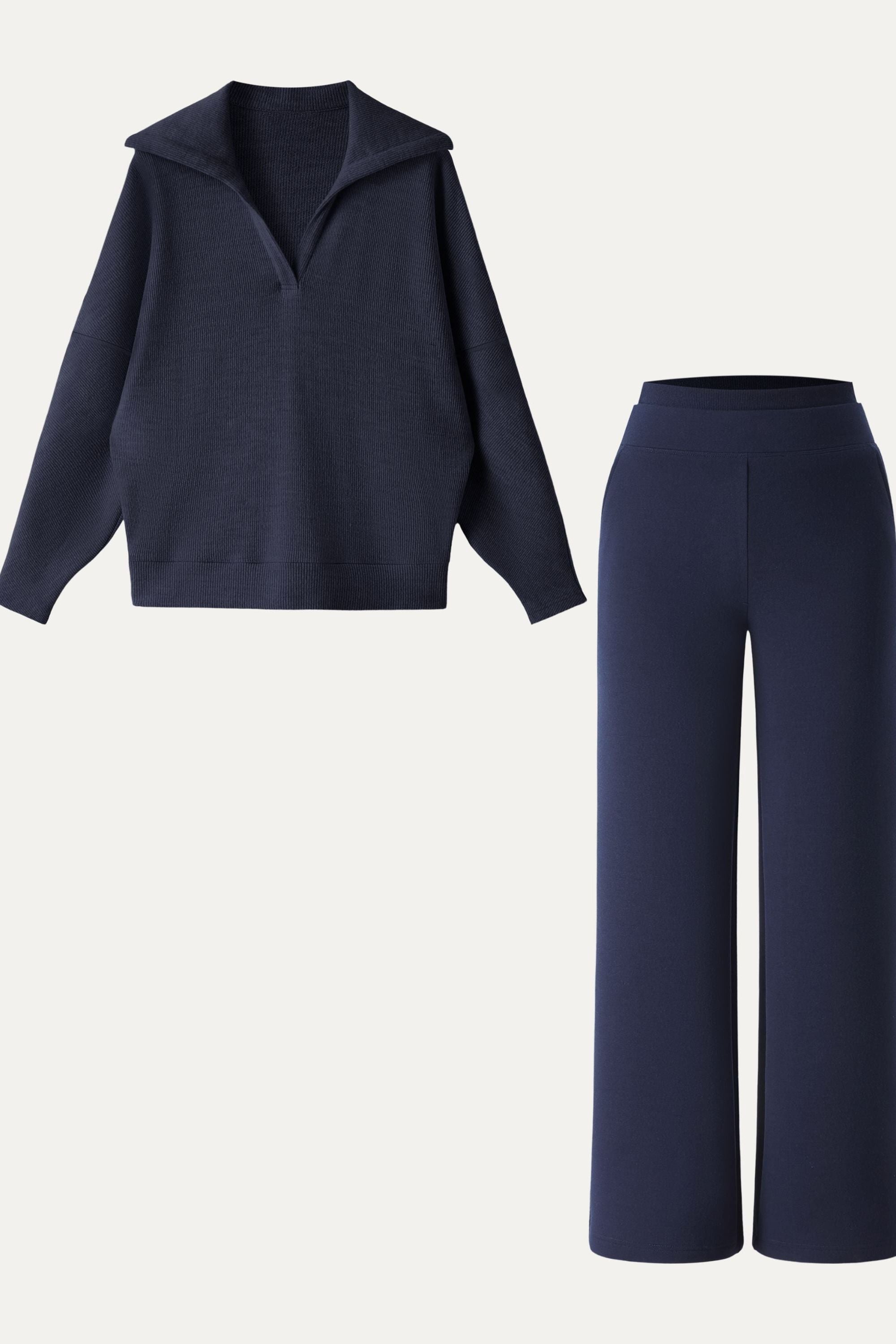 2Pcs Set Double Waistband Straight Pants & V-Neck Batwing Sleeve Pullover