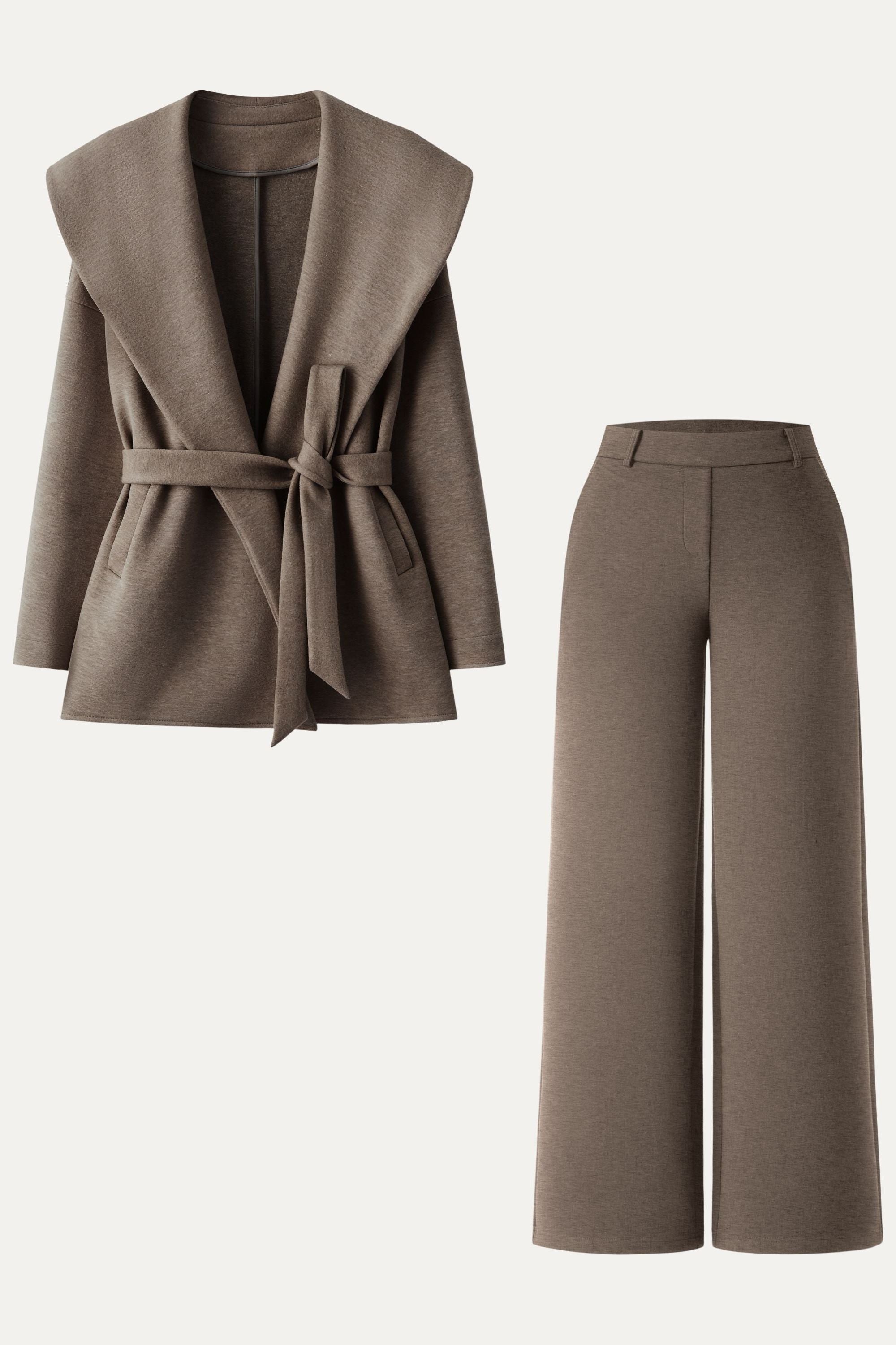 2Pcs Set Belted Shawl Collar Robe Jacket & Mid Rise Straight Pants with Pockets