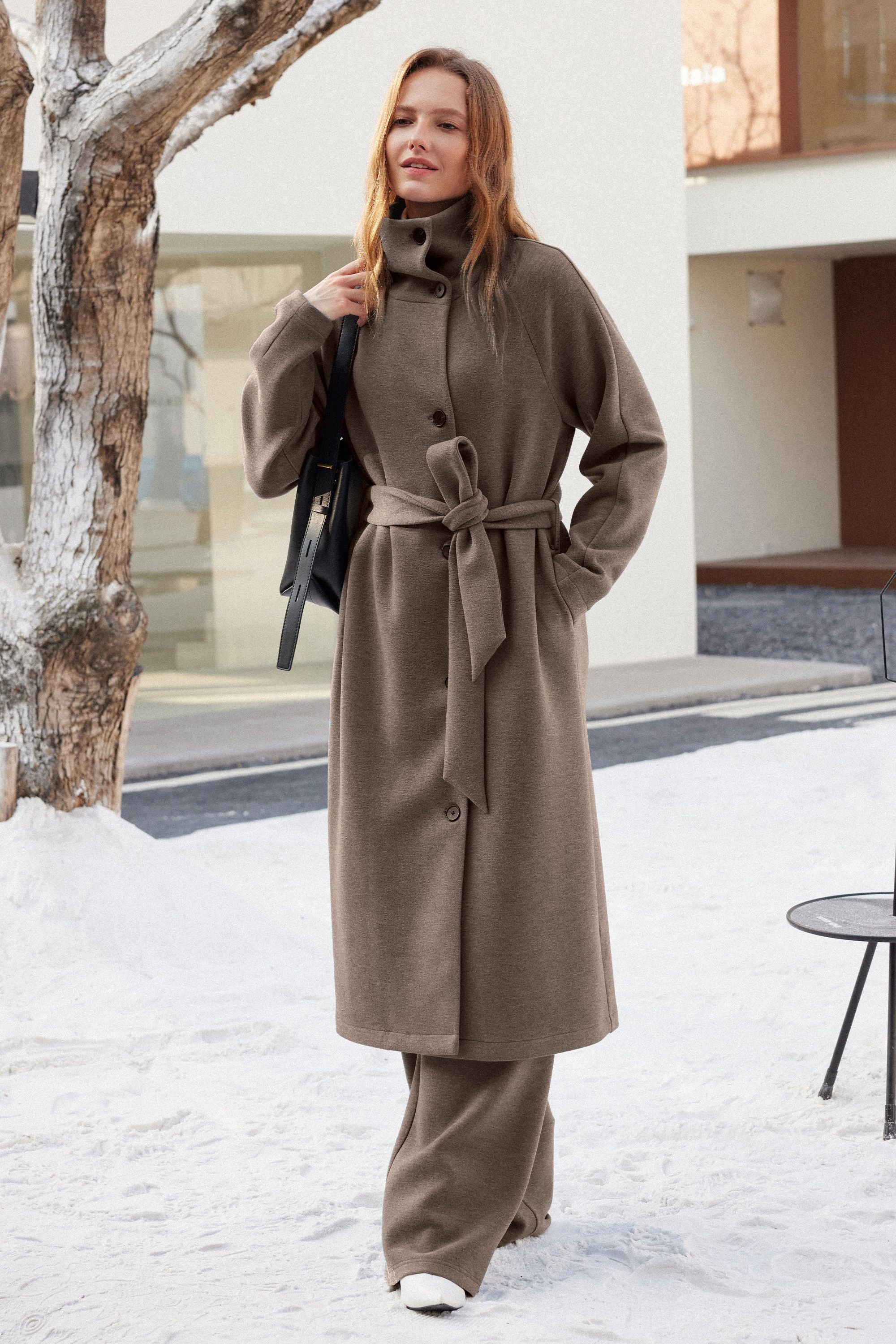 Belted Tunnel Neck Button Front Coat