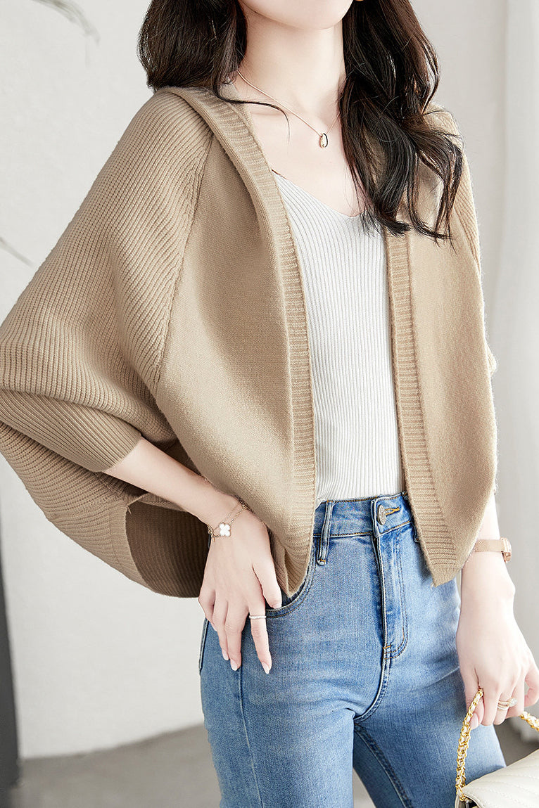 Plain Batwing Sleeve Hooded Knit Cardigan