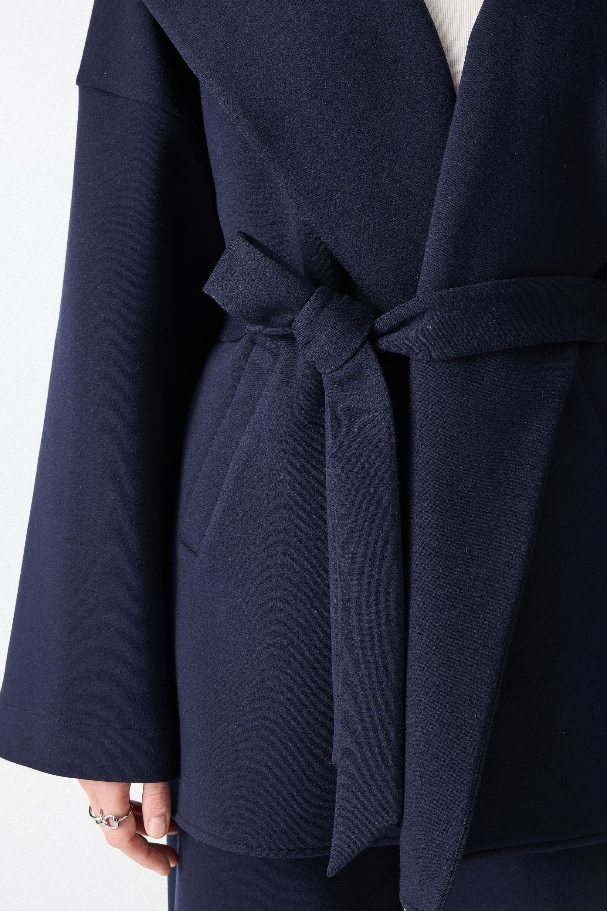 2Pcs Set Belted Shawl Collar Robe Jacket & Mid Rise Straight Pants with Pockets