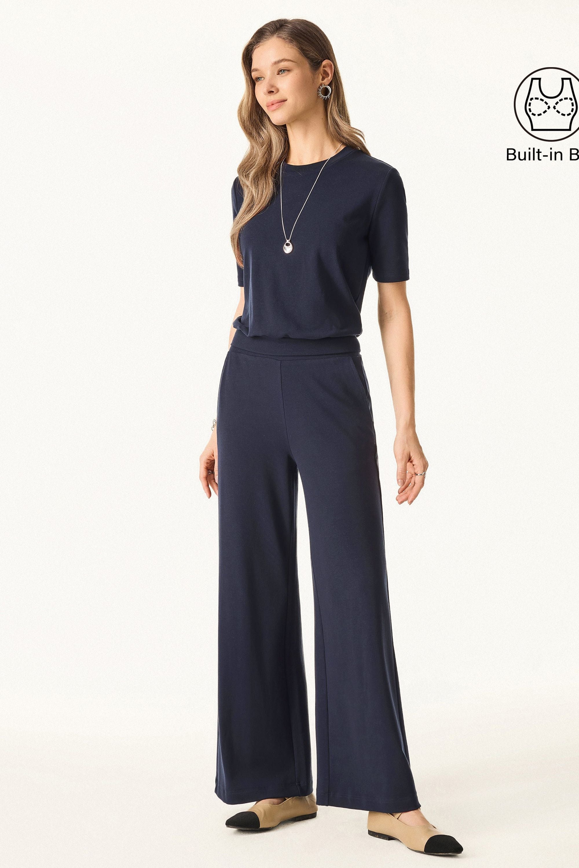 2Pcs Set Petite Mid Rise Wide Leg Pants with Pockets & Crewneck Brami with Banded Hem