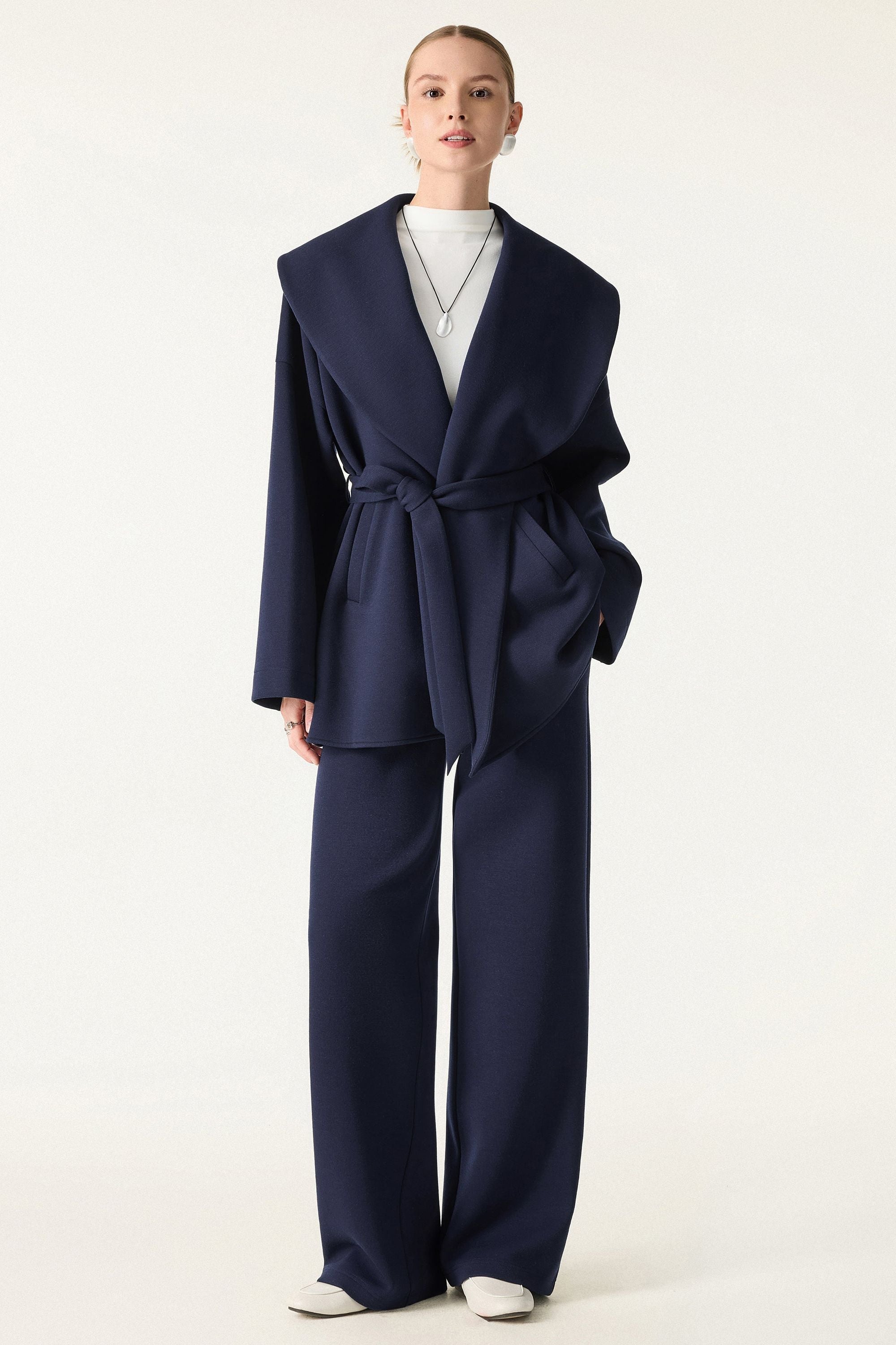 2Pcs Set Belted Shawl Collar Robe Jacket & Mid Rise Straight Pants with Pockets