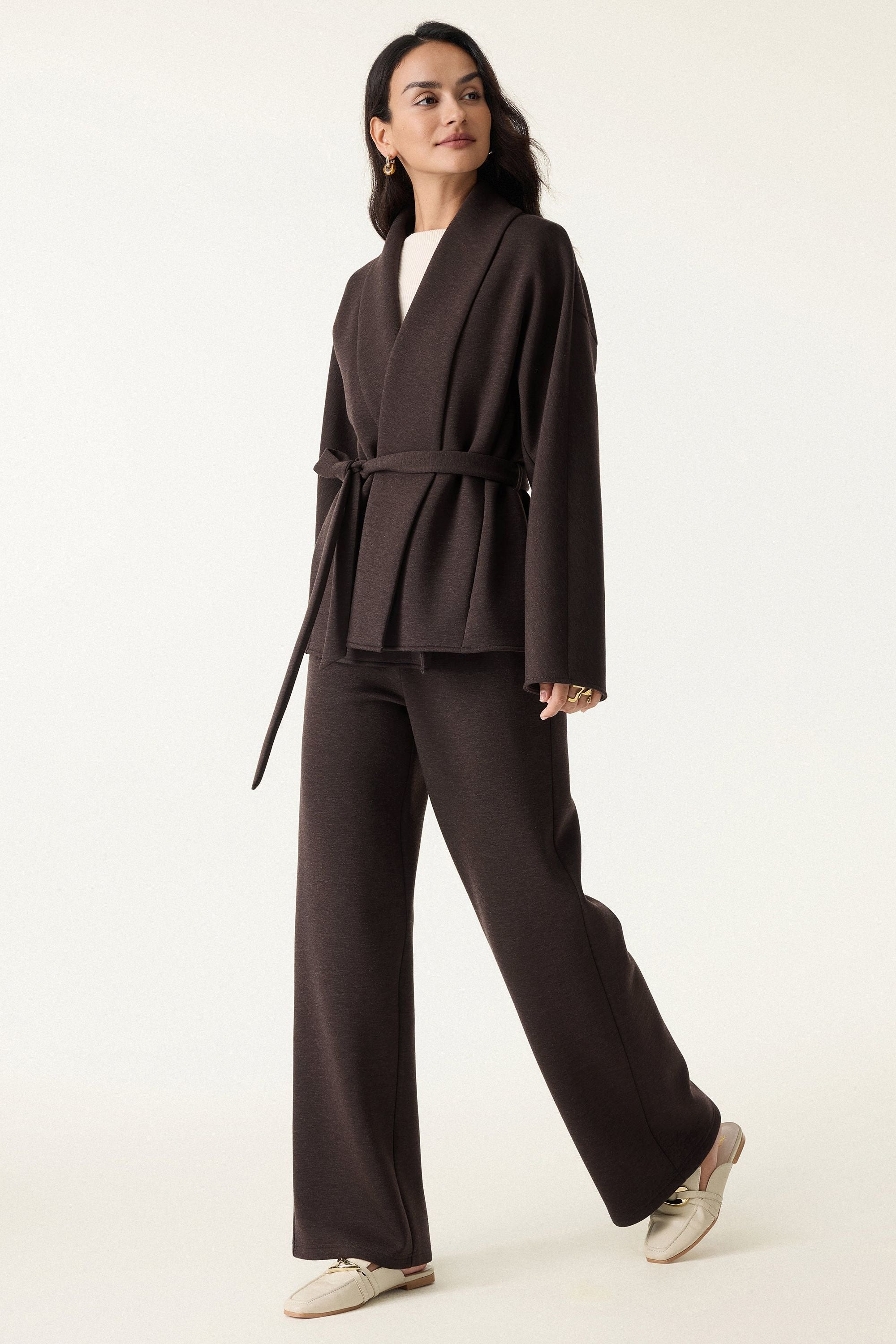 2Pcs Set Shawl Belted Outerwear & Pull-on Pants