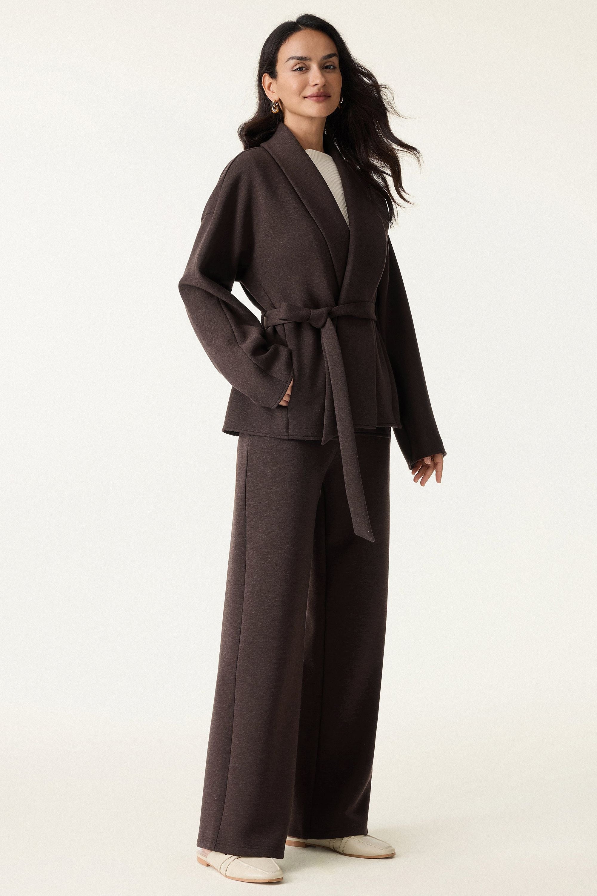 2Pcs Set Shawl Belted Outerwear & Pull-on Pants