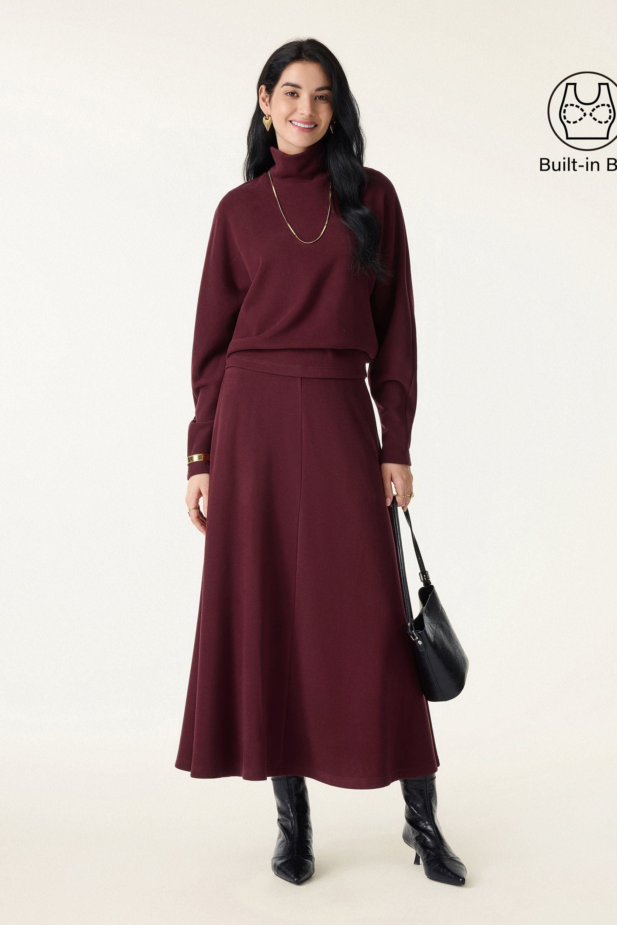 2Pcs Set Mockneck Batwing Sleeve & Midi Pull-on A-Line Skirt with Pockets