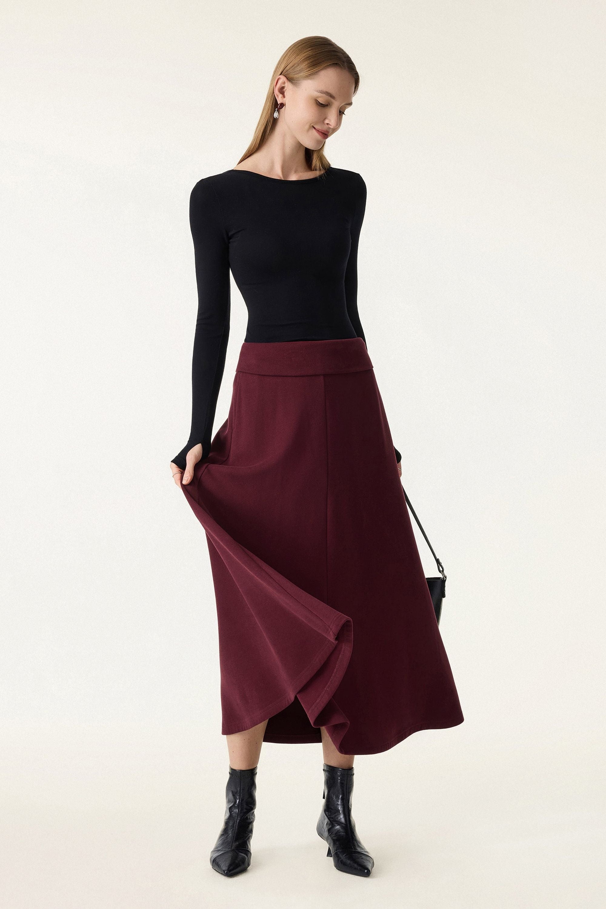 2Pcs Set Mockneck Batwing Sleeve & Midi Pull-on A-Line Skirt with Pockets