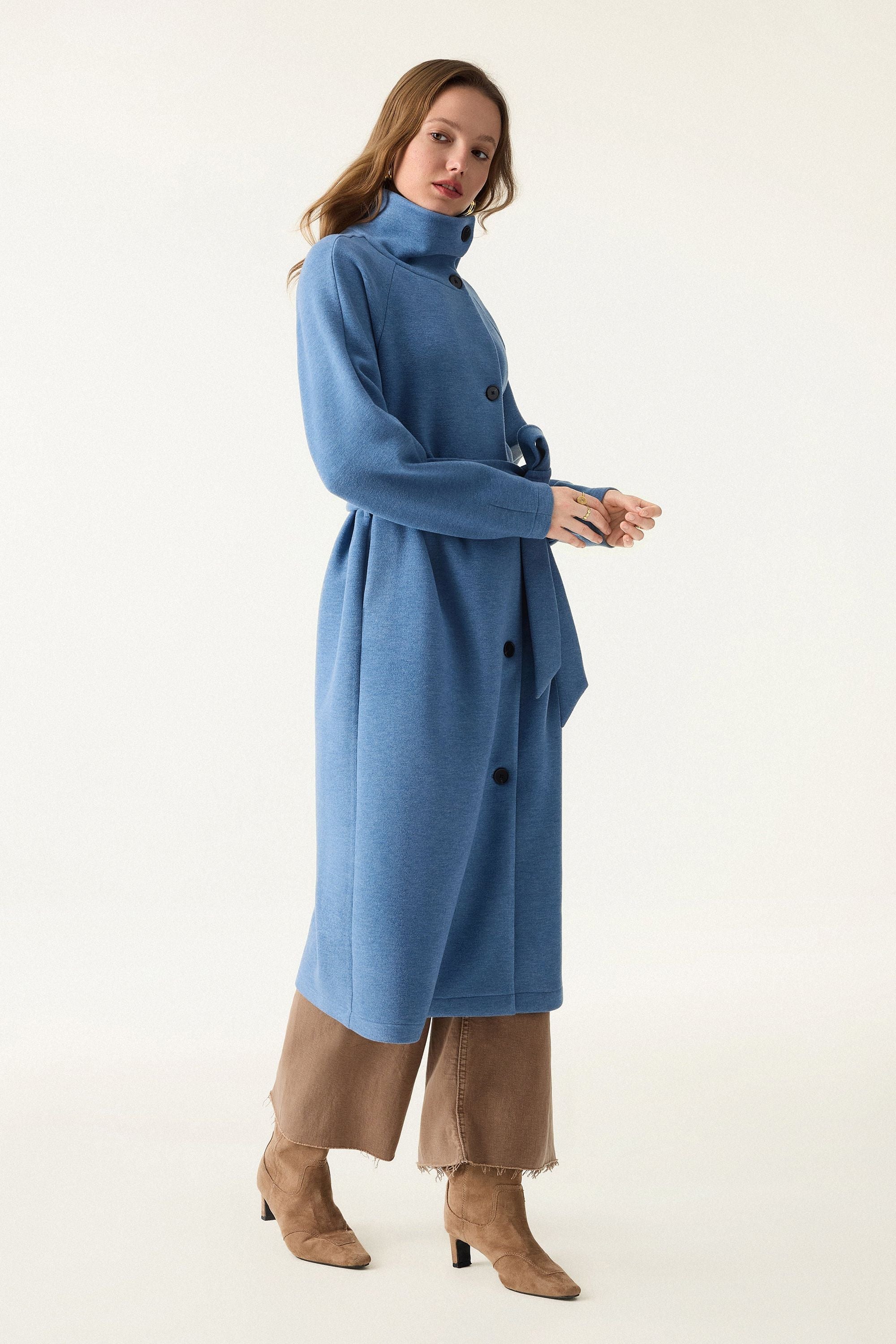 Belted Tunnel Neck Button Front Coat