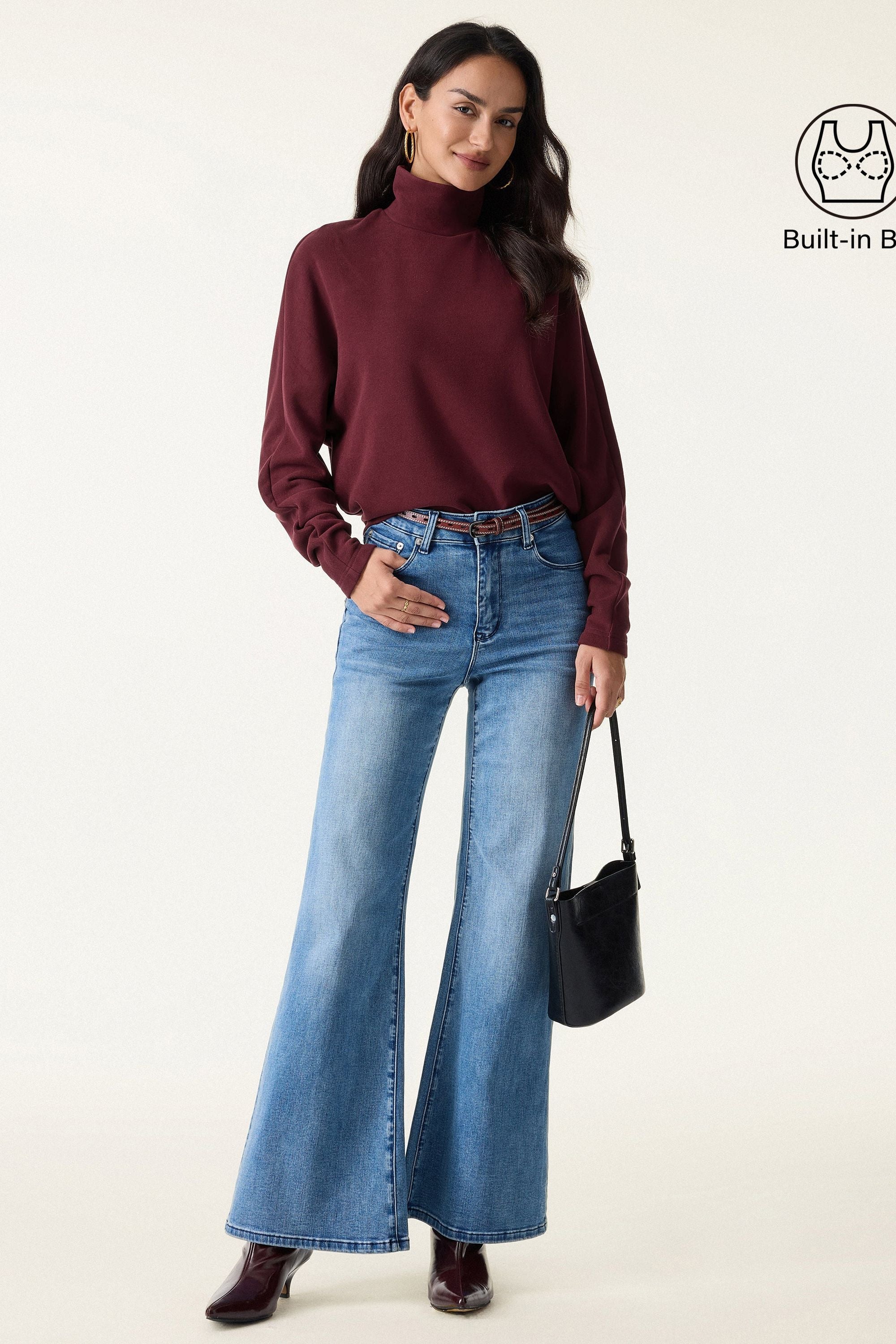 2Pcs Set Mockneck Batwing Sleeve & Midi Pull-on A-Line Skirt with Pockets