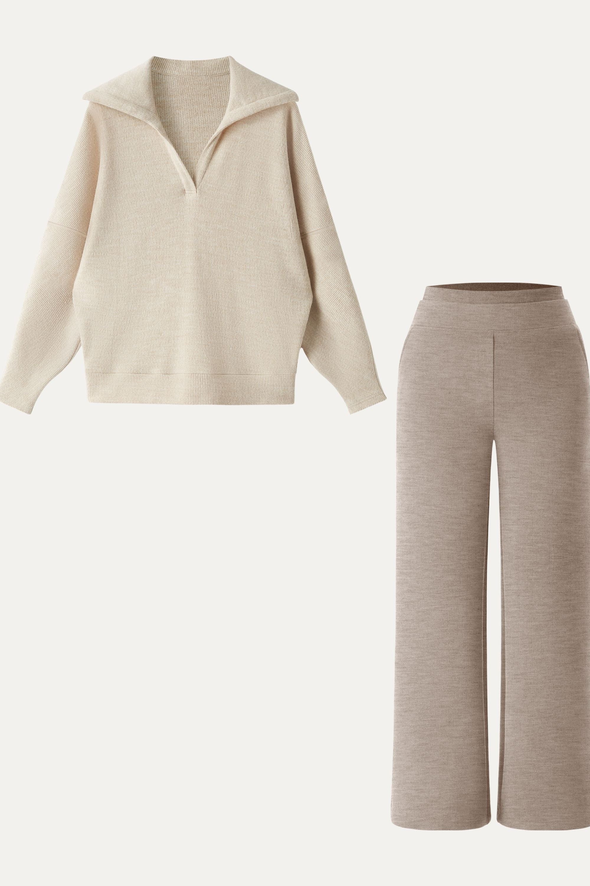 2Pcs Set Petite Double Waistband Straight Pants & V-Neck Batwing Sleeve Pullover