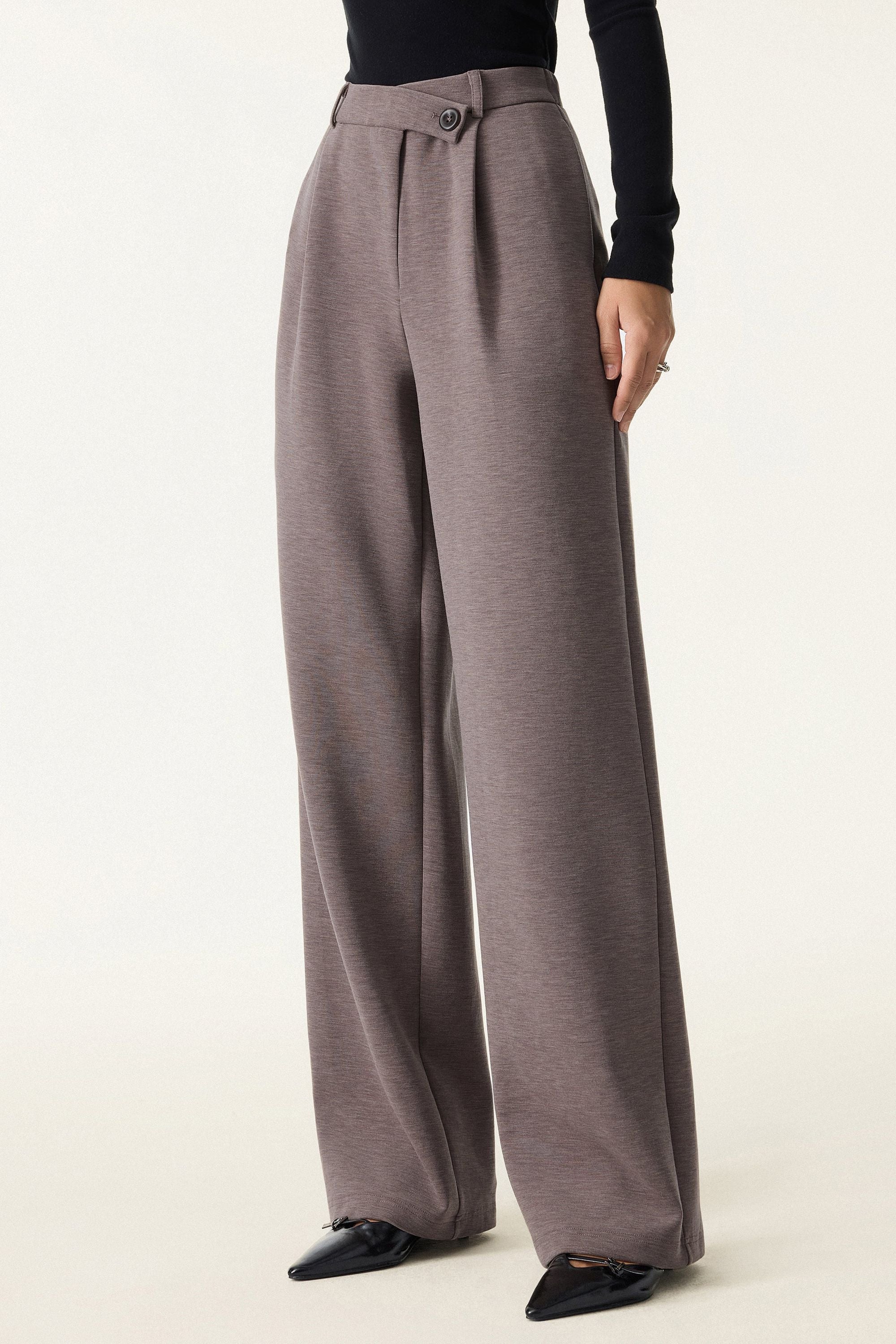 Cozy Warm High Rise Slanted Fly Front Wide Leg Pants