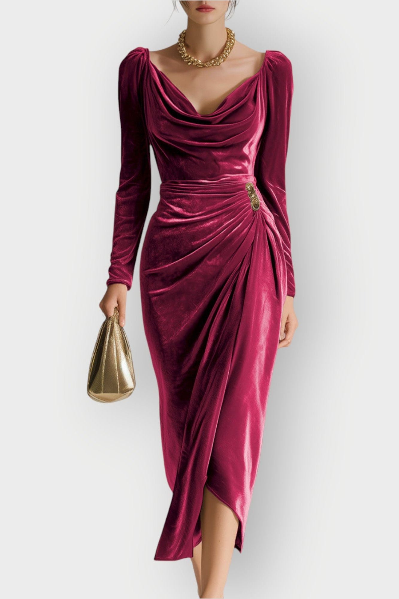Eadoline - Ruched Draped Elegance Midi Dress