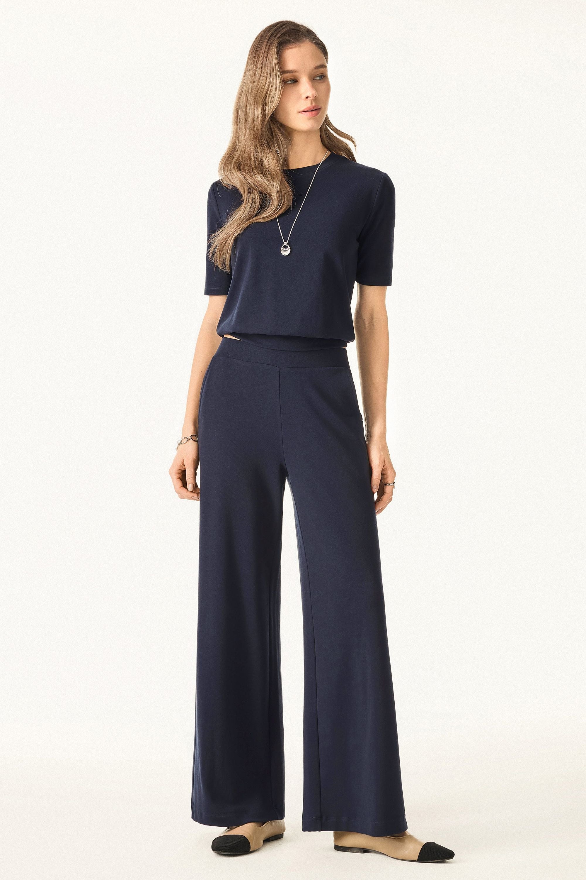 Wool Wide Leg Pull-on Pants with Pockets