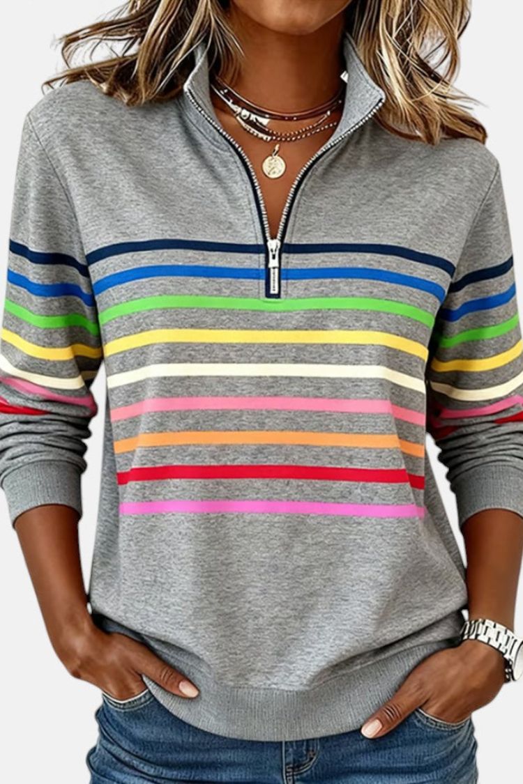 Maglione con zip a righe arcobaleno