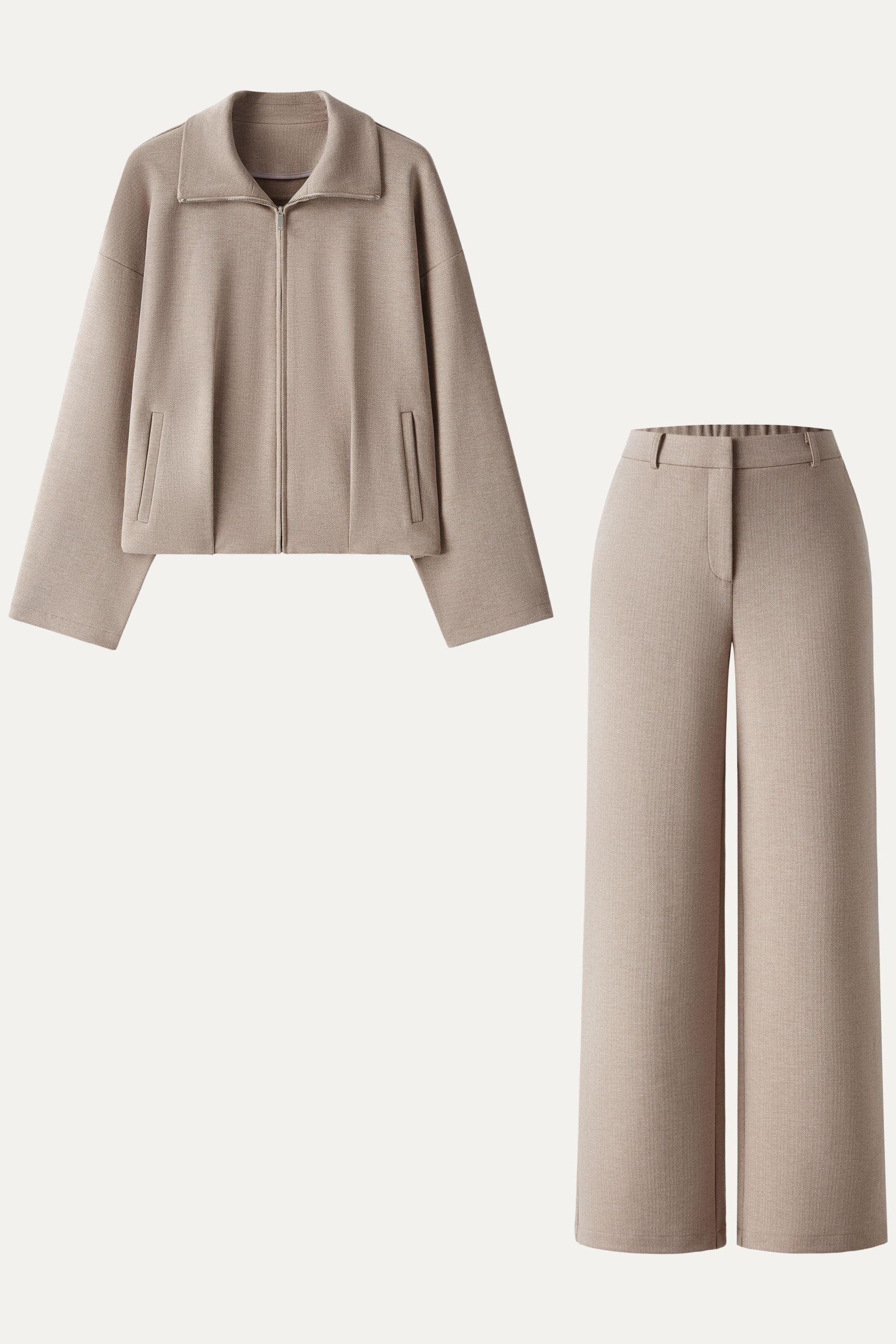 2Pcs Set Full Zip Jacket & Mid Rise Straight Leg Pants with Pockets