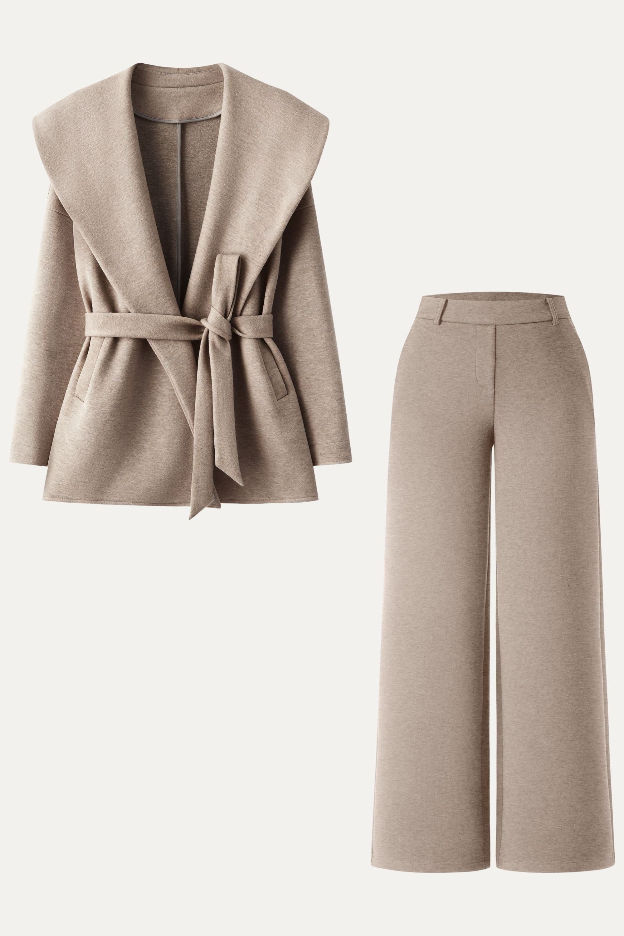 2Pcs Set Belted Shawl Collar Robe Jacket & Mid Rise Straight Pants with Pockets