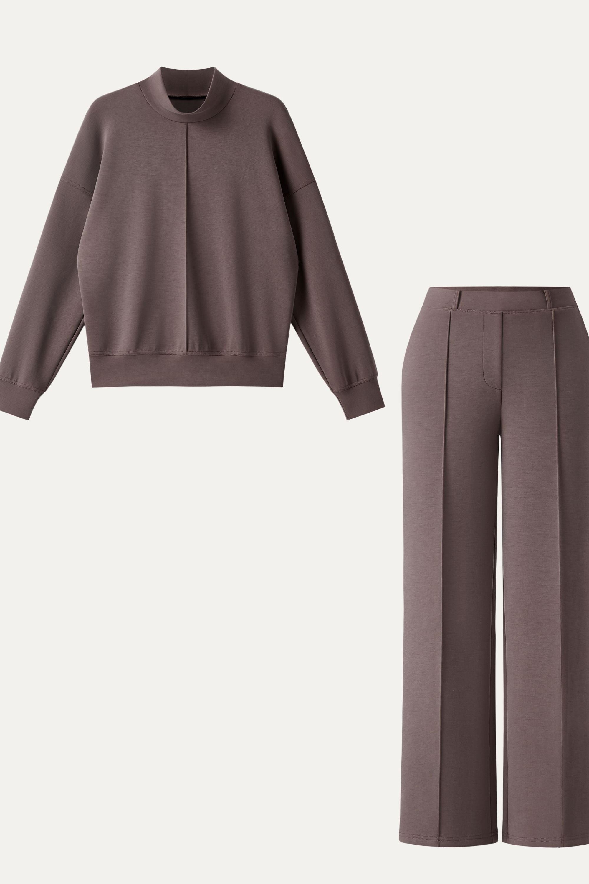 2Pcs Set Mockneck Pullover Shirt & Mid Rise Straight Leg Pants with Pockets