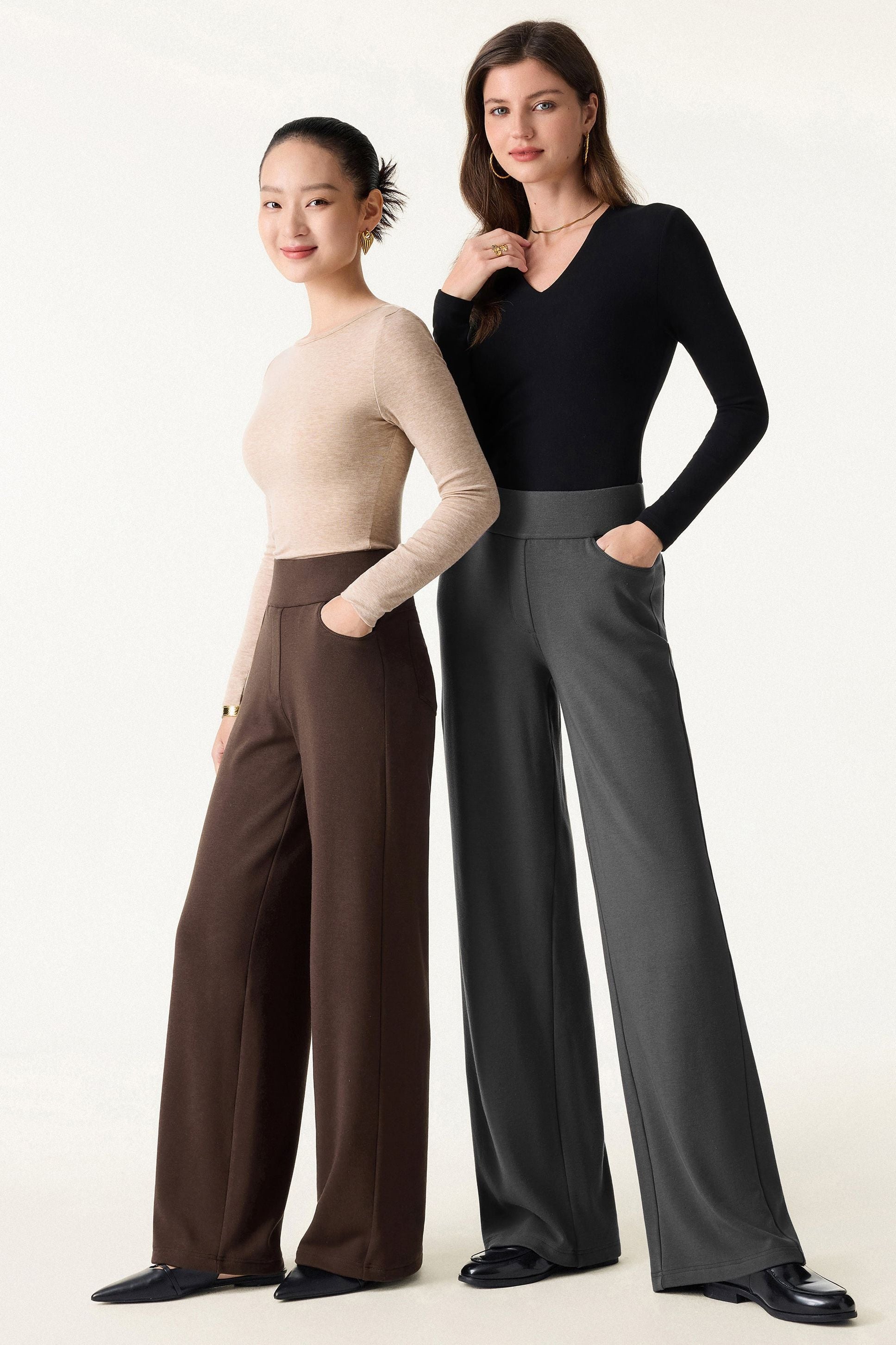 Waistband Wide Leg Pull-on Pants with Pockets