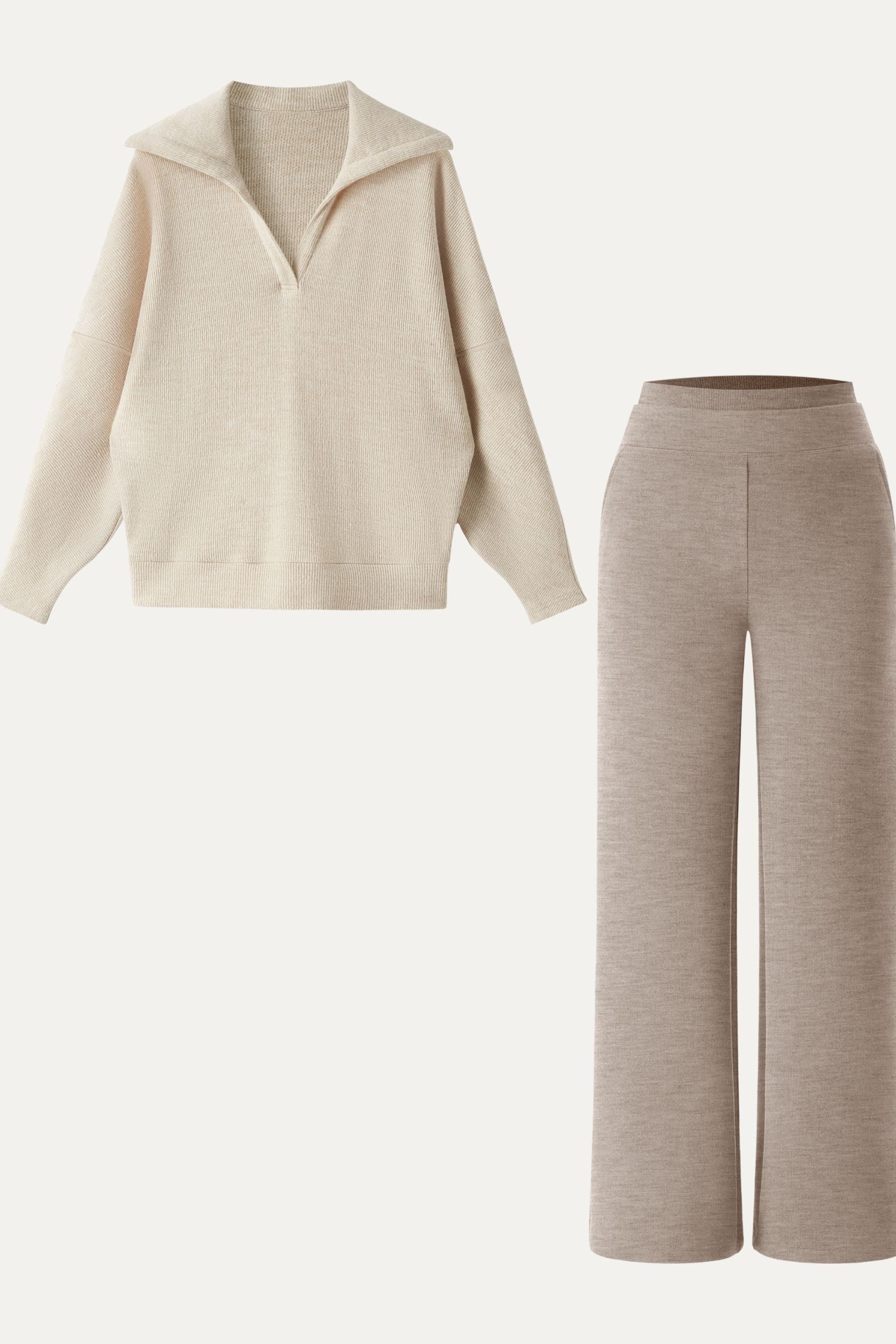 2Pcs Set Double Waistband Straight Pants & V-Neck Batwing Sleeve Pullover