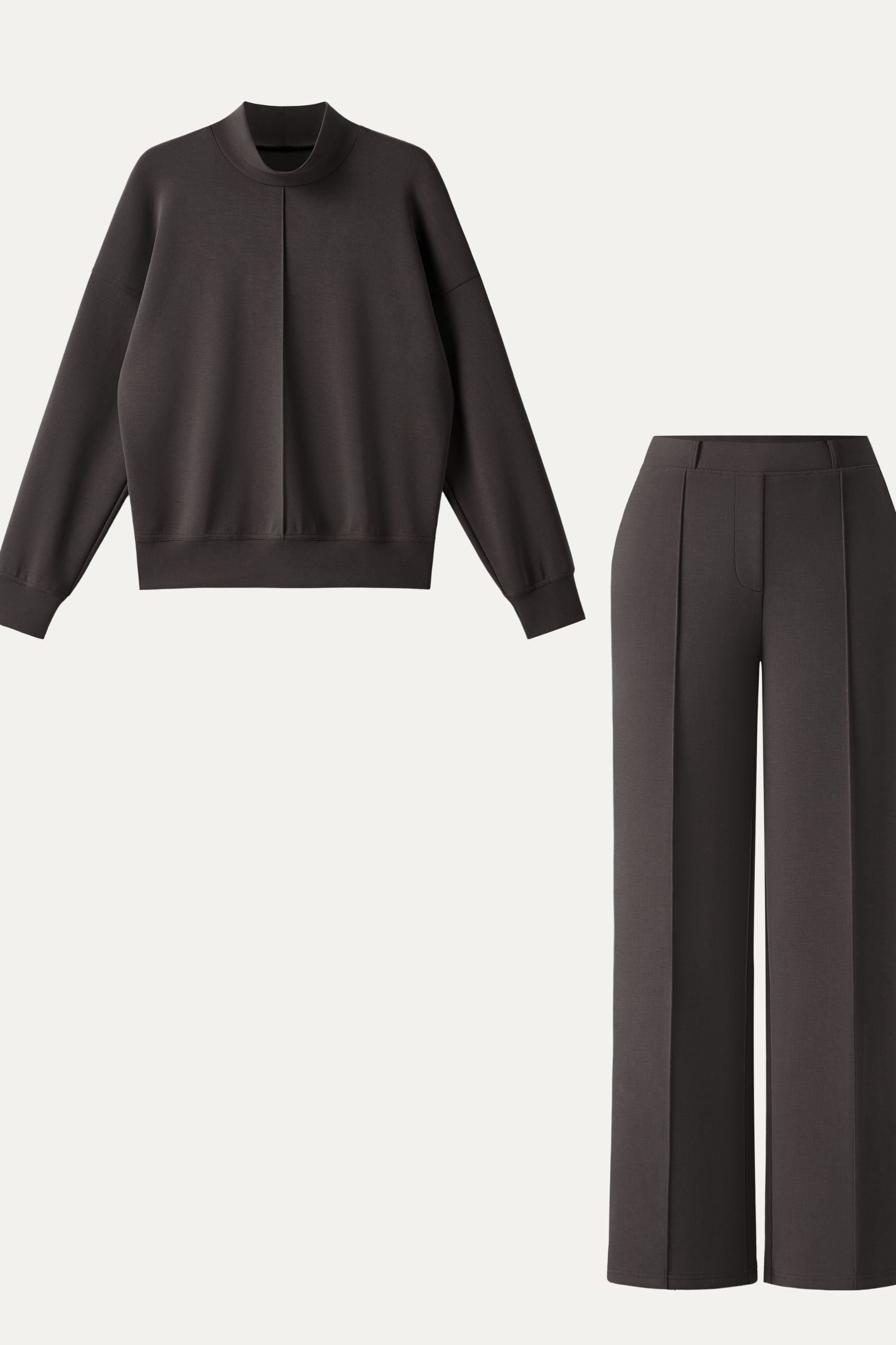 2Pcs Set Mockneck Pullover Shirt & Mid Rise Straight Leg Pants with Pockets