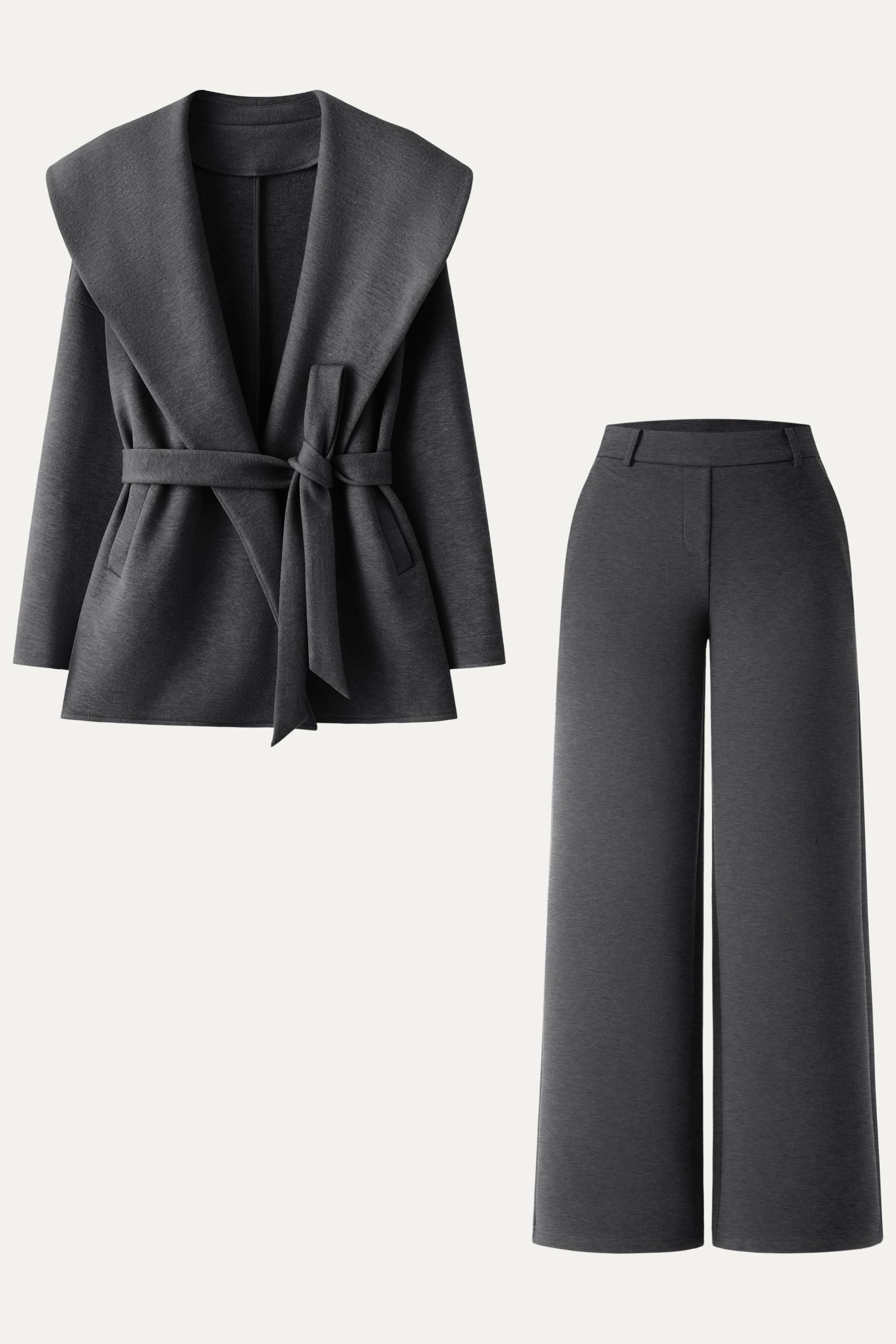2Pcs Set Belted Shawl Collar Robe Jacket & Mid Rise Straight Pants with Pockets