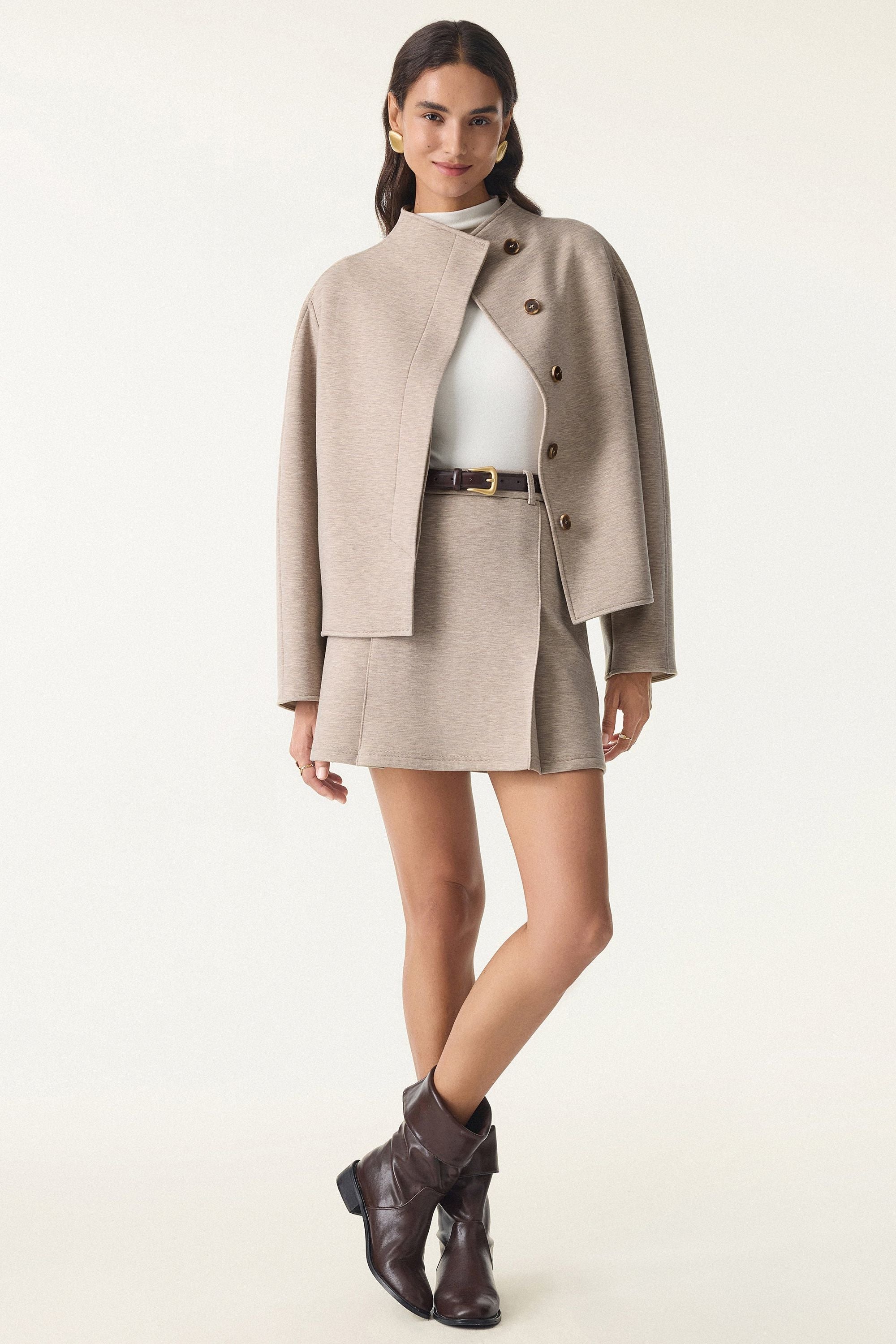 2Pcs Set  Cropped Jacket & A-Line Pull on Skorts with Pockets