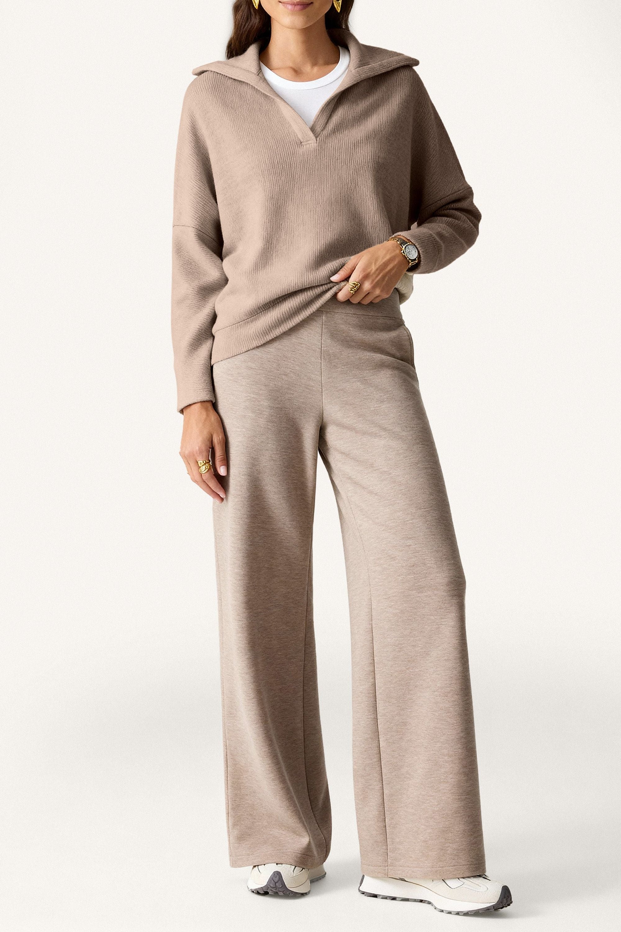 2Pcs Set Double Waistband Straight Pants & V-Neck Batwing Sleeve Pullover