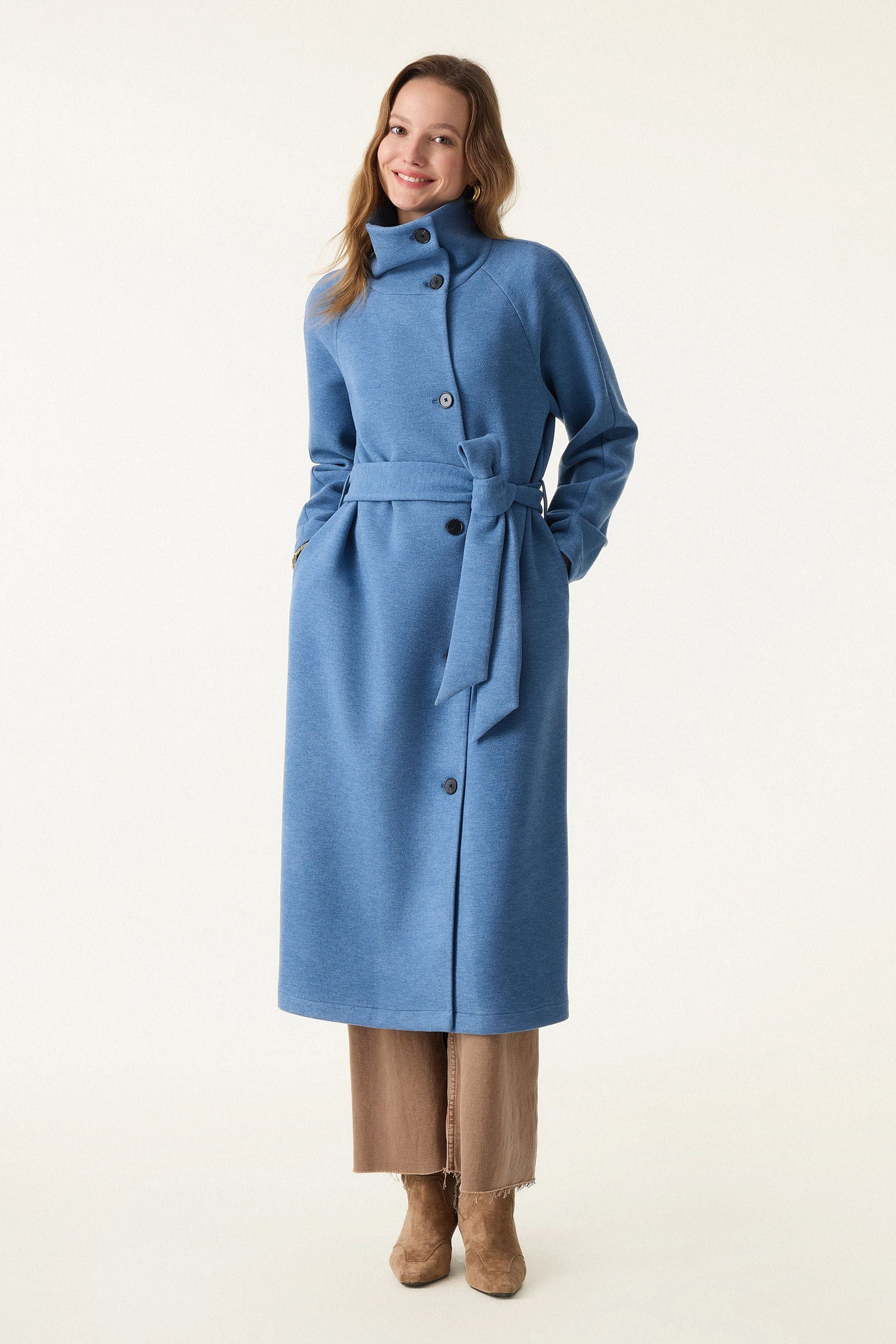 Belted Tunnel Neck Button Front Coat