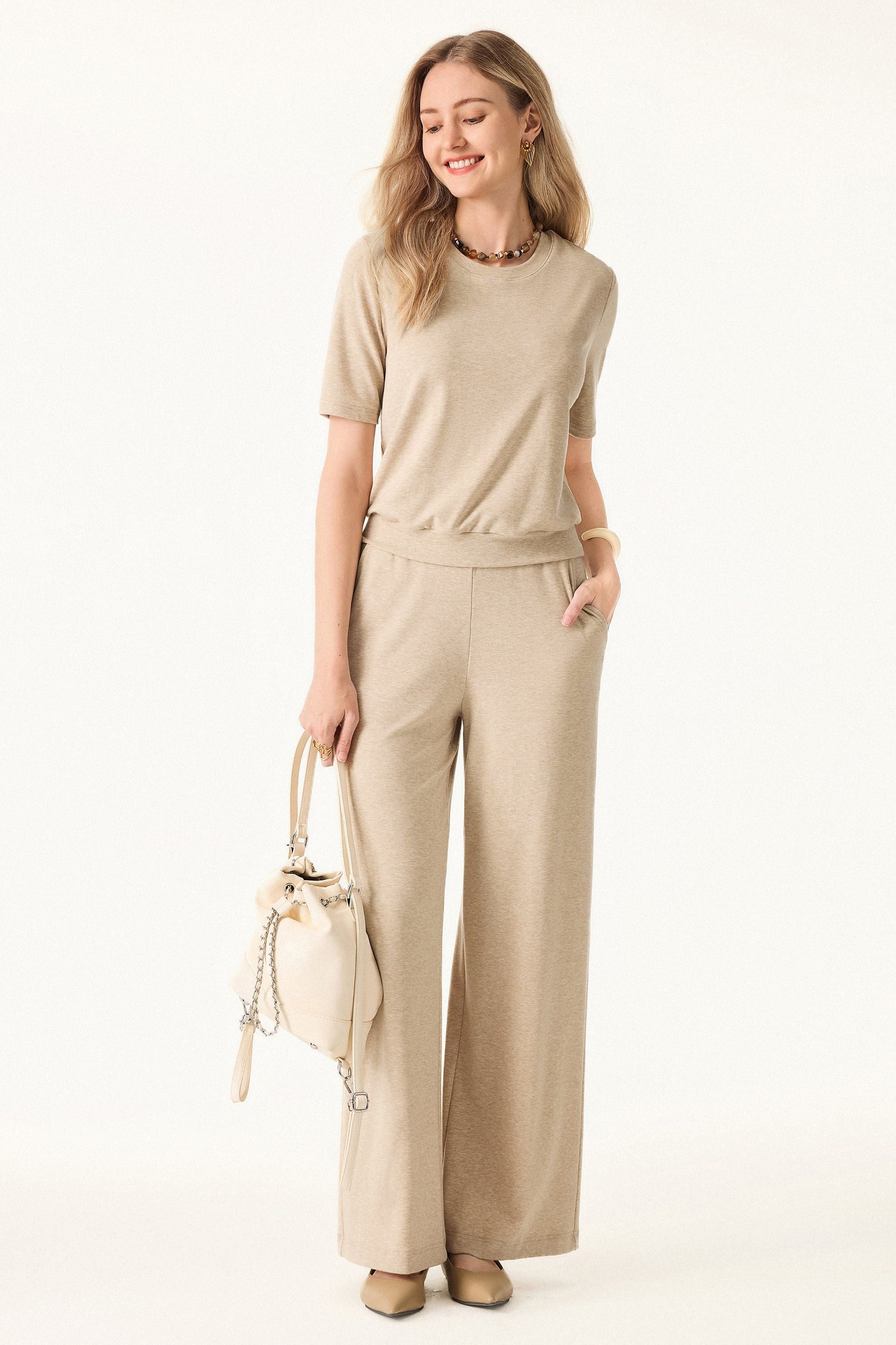 Wool Wide Leg Pull-on Pants with Pockets