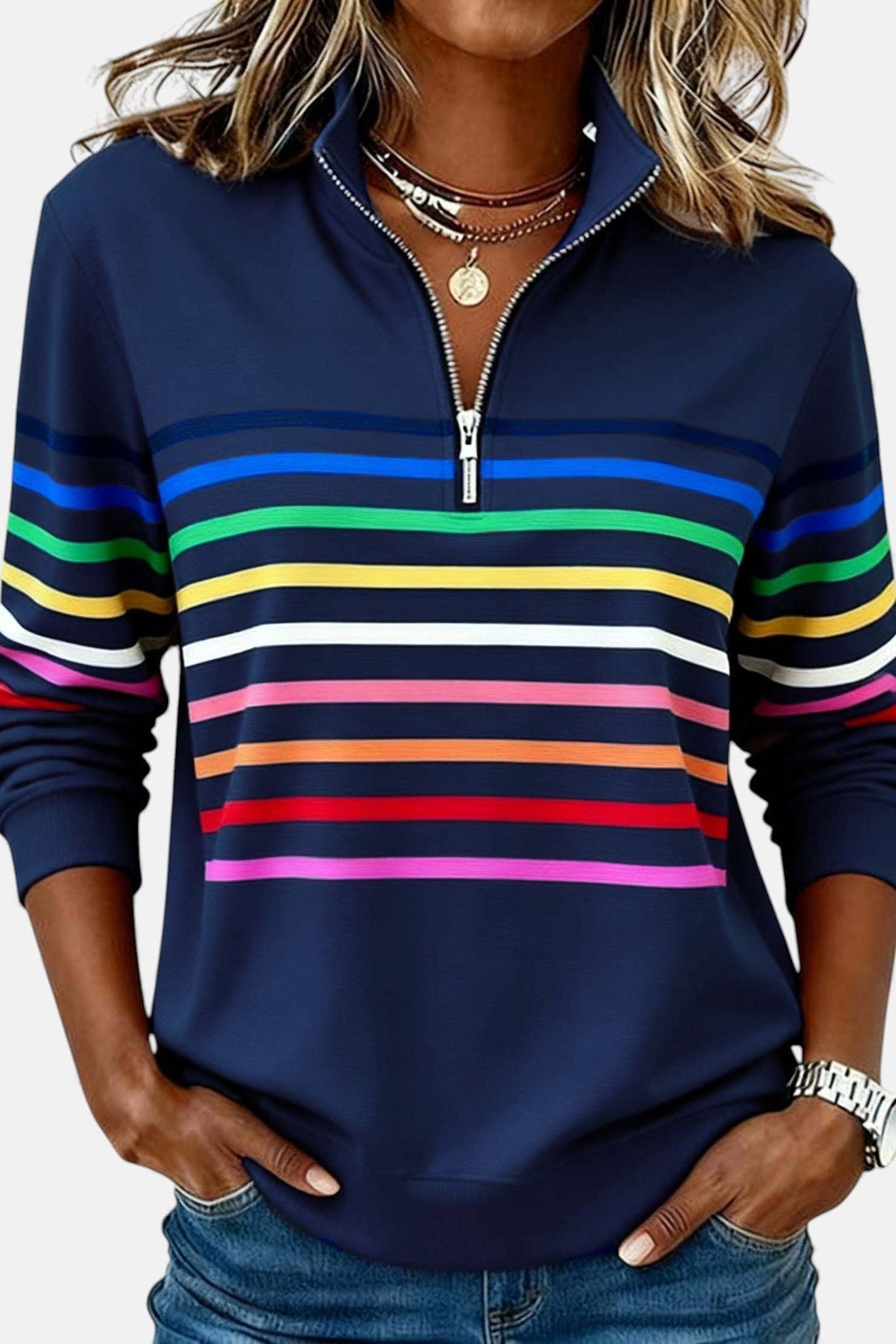 Maglione con zip a righe arcobaleno