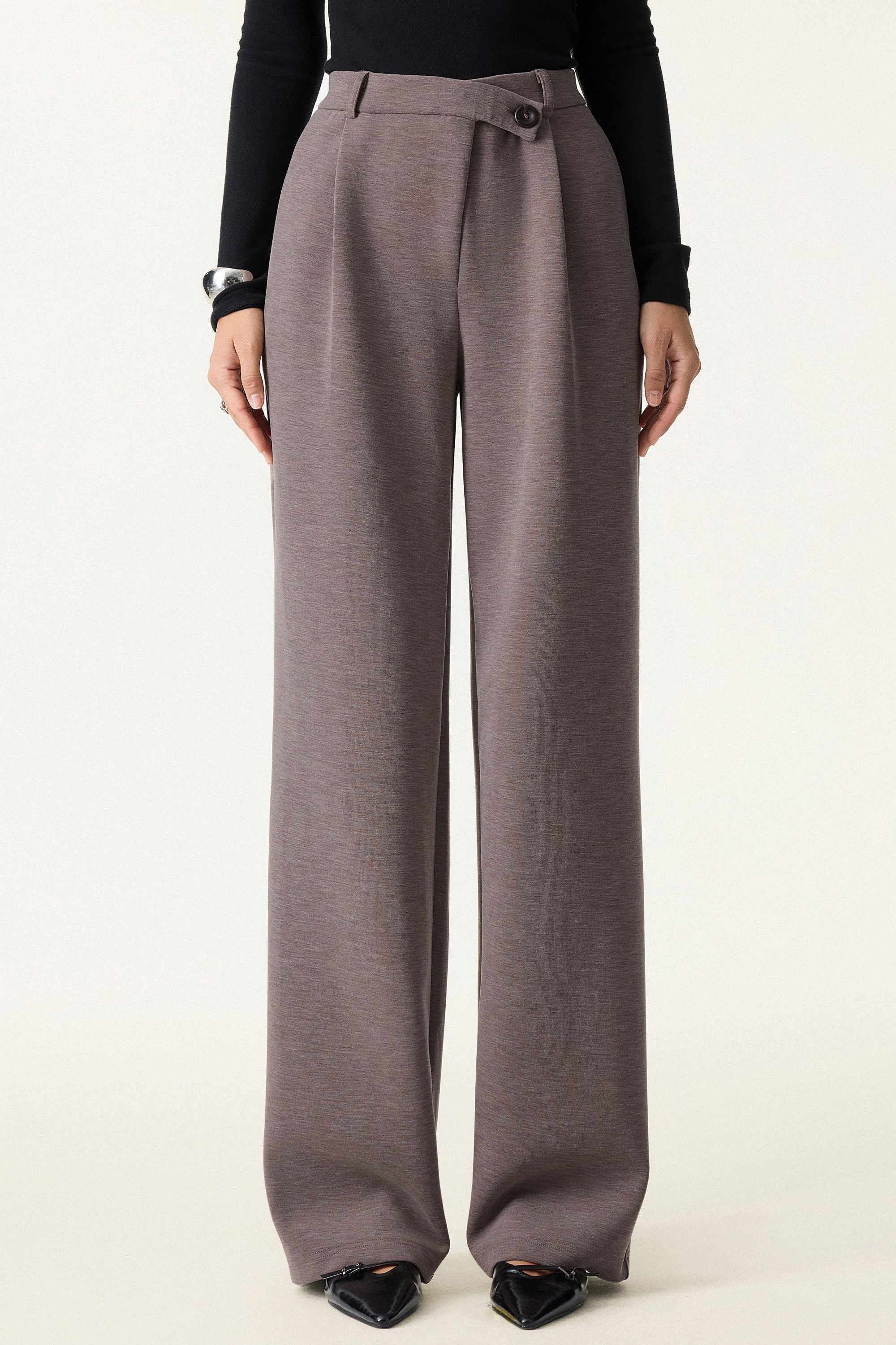 Cozy Warm High Rise Slanted Fly Front Wide Leg Pants