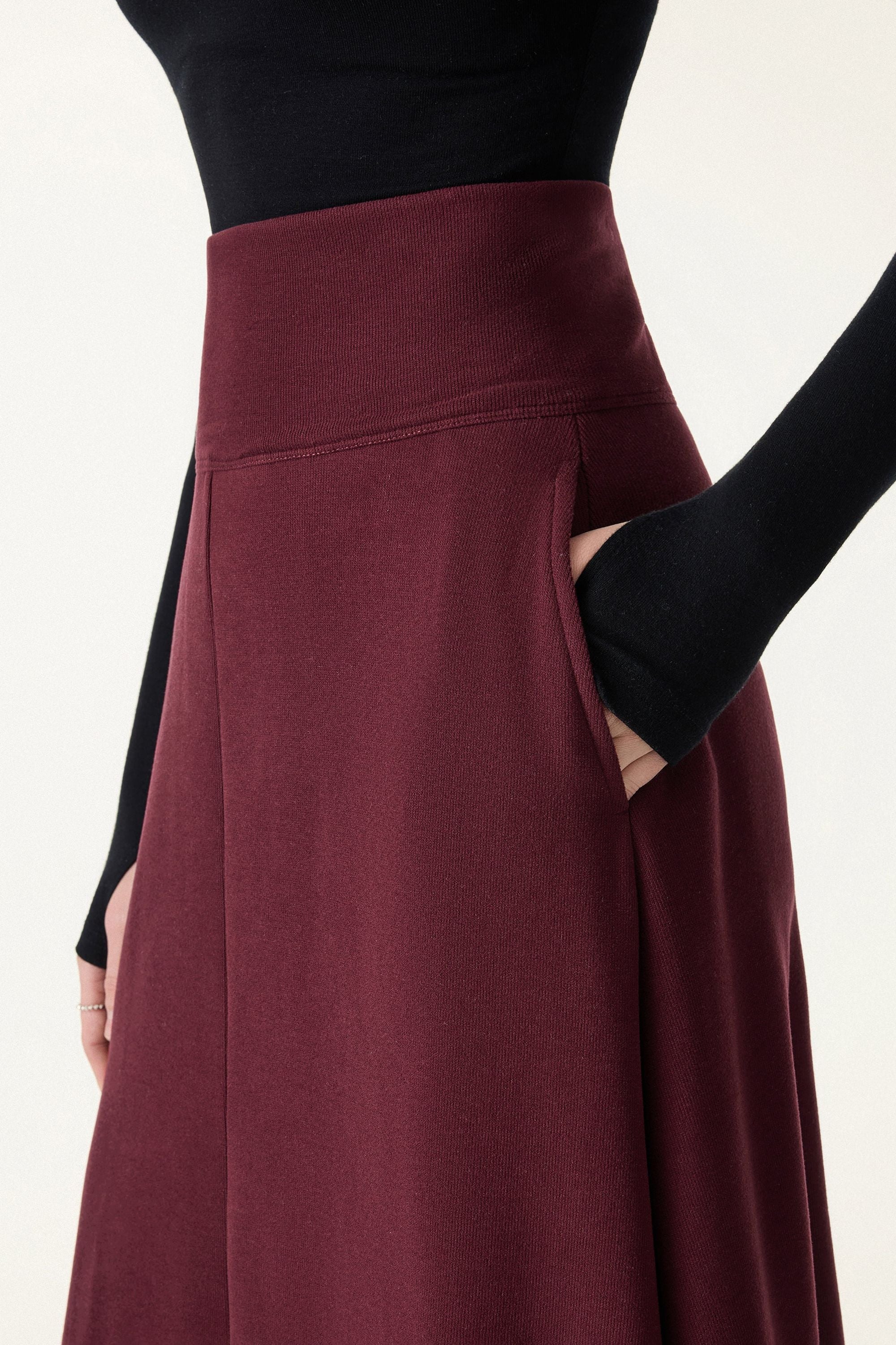 2Pcs Set Mockneck Batwing Sleeve & Midi Pull-on A-Line Skirt with Pockets